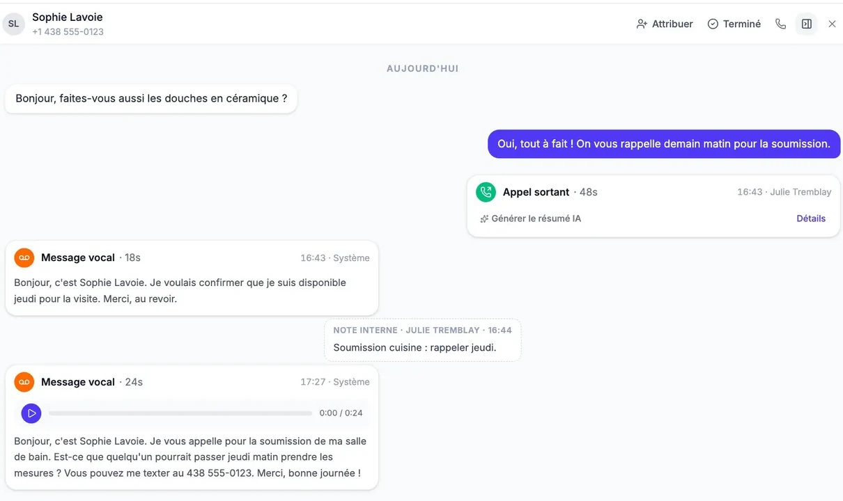A conversation thread with a contact: a text received, a reply, an “Outgoing call”, an “Internal note” and two transcribed “Voicemail” messages, one with its audio player.