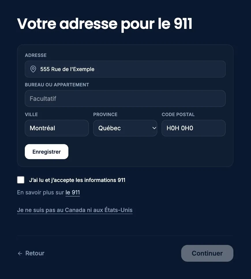 L’écran « Votre adresse pour le 911 » : adresse, ville, province et code postal remplis avec une adresse d’exemple, case « J’ai lu et j’accepte les informations 911 » encore vide, « Continuer » grisé.