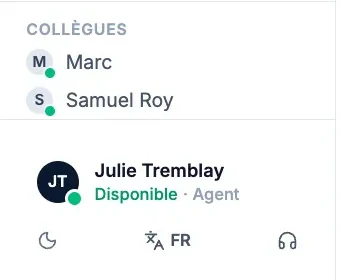 Le bas du menu latéral de Callizy : sous la liste « Collègues », votre nom avec le statut « Disponible » en vert et le rôle « Agent ».