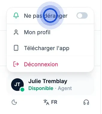 Le menu du profil, en bas de la barre latérale, avec le curseur sur l’interrupteur « Ne pas déranger », au-dessus de « Mon profil », « Télécharger l’app » et « Déconnexion ».