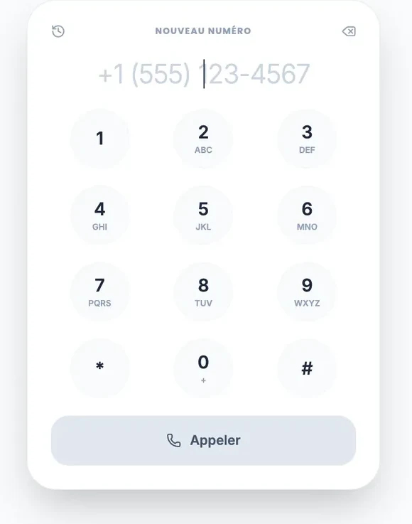 Le clavier du téléphone Callizy, titré « Nouveau numéro » : le champ du numéro est vide, avec les touches de 0 à 9 et le bouton « Appeler » en bas.