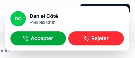 L’alerte d’appel entrant dans Callizy : le nom et le numéro de l’appelant, puis le bouton vert « Accepter » et le bouton rouge « Rejeter ».