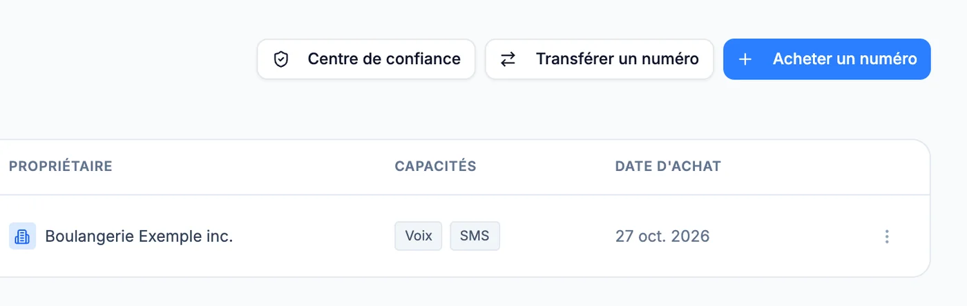 Le haut de l’écran des numéros : le bouton « Transférer un numéro » entre « Centre de confiance » et « Acheter un numéro », au-dessus de la liste.