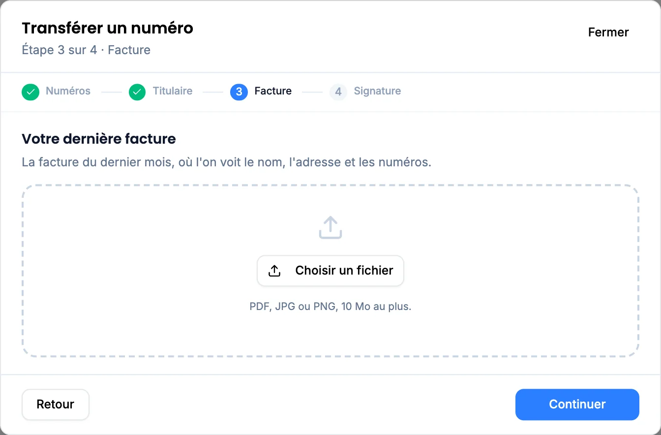 La fenêtre « Transférer un numéro » à l’étape 3 sur 4, « Facture » : la zone « Votre dernière facture » et son bouton « Choisir un fichier », en PDF, JPG ou PNG.
