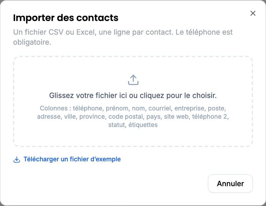 La fenêtre « Importer des contacts » : une zone pour glisser un fichier CSV ou Excel, la liste des colonnes acceptées et le lien « Télécharger un fichier d’exemple ».