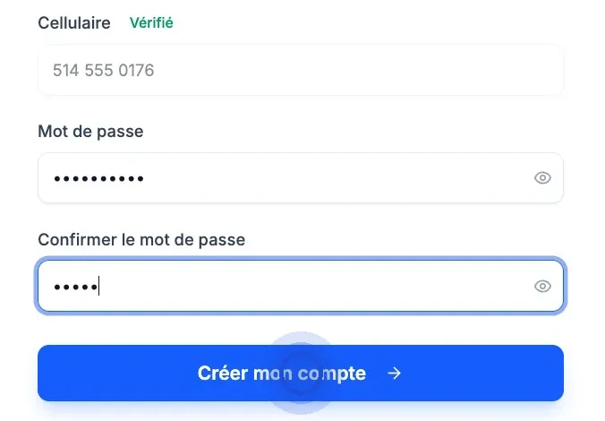 Le bas du formulaire de création de compte : « Cellulaire » marqué « Vérifié », « Mot de passe » rempli, « Confirmer le mot de passe » en cours de saisie, curseur sur « Créer mon compte ».