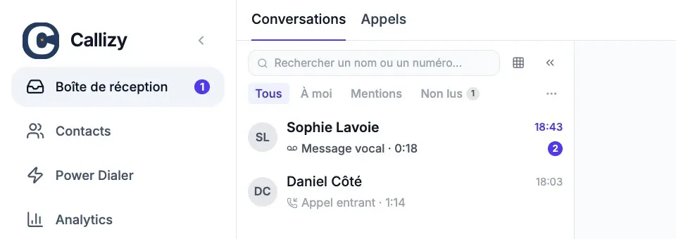 L’espace Téléphone de Callizy : le menu à gauche avec « Boîte de réception », puis l’onglet « Conversations » et deux échanges récents, un message vocal et un appel entrant.