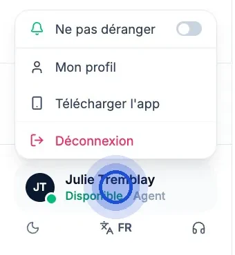Le menu qui s’ouvre en cliquant sur votre nom en bas du menu latéral : « Ne pas déranger », « Mon profil », « Télécharger l’app » et « Déconnexion ».