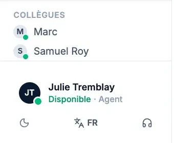 Le bas de la barre latérale : la liste « Collègues » avec deux collègues marqués d’une pastille verte, puis votre nom avec le statut « Disponible » en vert et le rôle « Agent ».