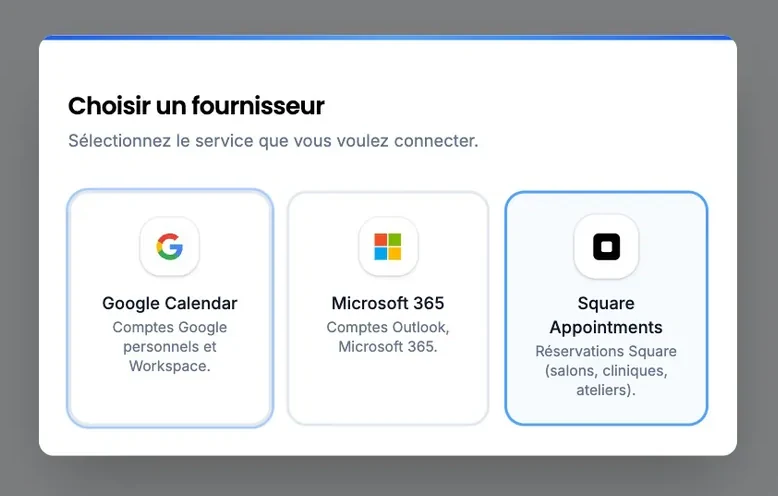 The "Pick a provider" window to connect a calendar: three choices, "Google Calendar", "Microsoft 365" and "Square Appointments", each in its own card.