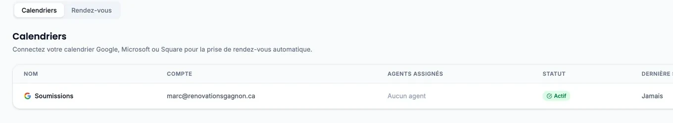 The “Calendars” tab of the Callizy dashboard: a connected Google calendar with the status “Active” and “No agent” in the assigned agents column.