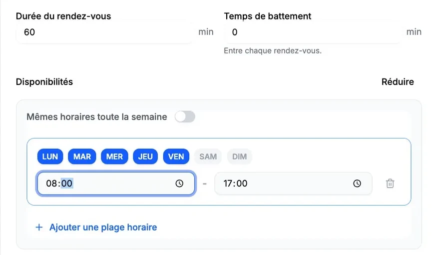 An agent’s appointment settings: “Appointment duration” at 60 min and “Availability” Monday to Friday, 8 a.m. to 5 p.m., with the start time highlighted.