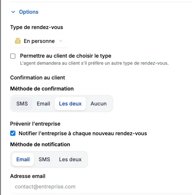 The appointment booking options: under “Confirmation method”, “Both” is selected, and the “Notify the company on every new appointment” box is checked.