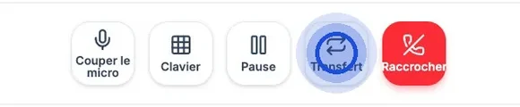 Les boutons d’un appel en cours dans le tableau de bord Callizy, avec le curseur sur « Transfert », entre « Pause » et le bouton rouge « Raccrocher ».