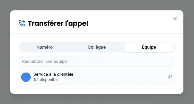 La fenêtre « Transférer l’appel », onglet « Équipe » choisi à côté de « Numéro » et « Collègue » : l’équipe « Service à la clientèle » a un membre disponible sur deux.
