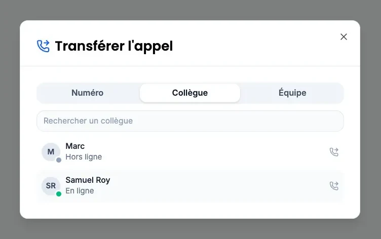 La fenêtre « Transférer l’appel » sur l’onglet « Collègue » : une recherche, puis la liste des collègues avec leur statut « En ligne » ou « Hors ligne » et un bouton de transfert.
