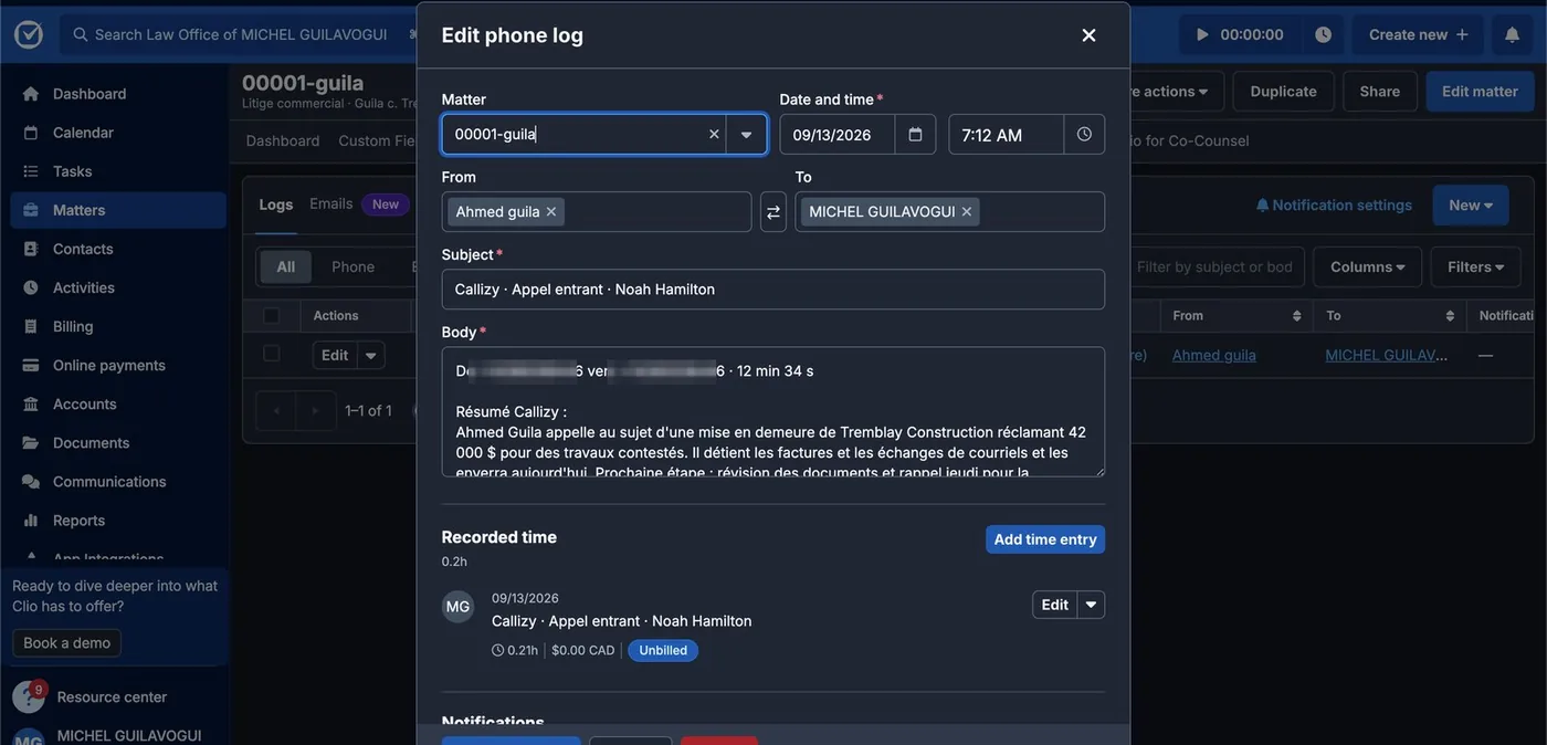 Clio’s "Edit phone log" window on a matter: the Callizy call is logged with its "Callizy summary" and the recorded time below.
