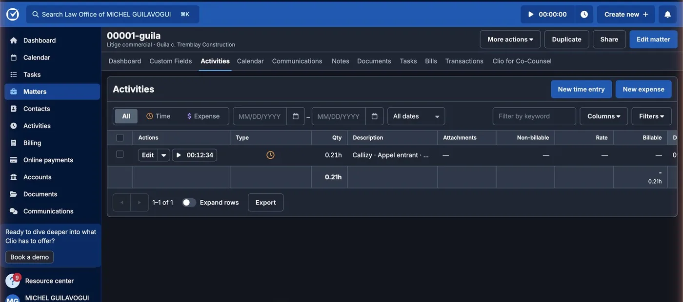 The “Activities” tab of a matter in Clio: a 0.21 h time entry, or 12 min 34 s, whose description starts with Callizy and the incoming call.