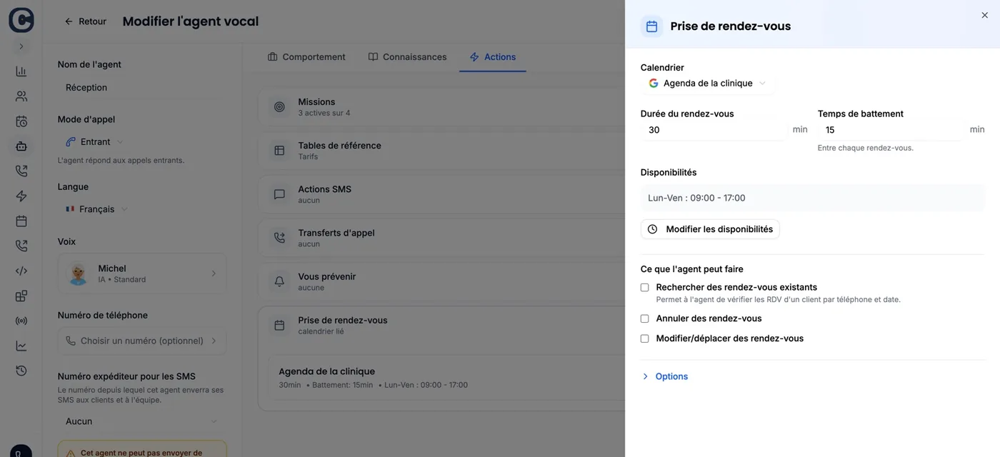 The “Edit voice agent” screen, “Actions” tab: the “Appointment booking” panel is open, with a Google calendar selected under “Calendar”, plus duration, buffer and availability.