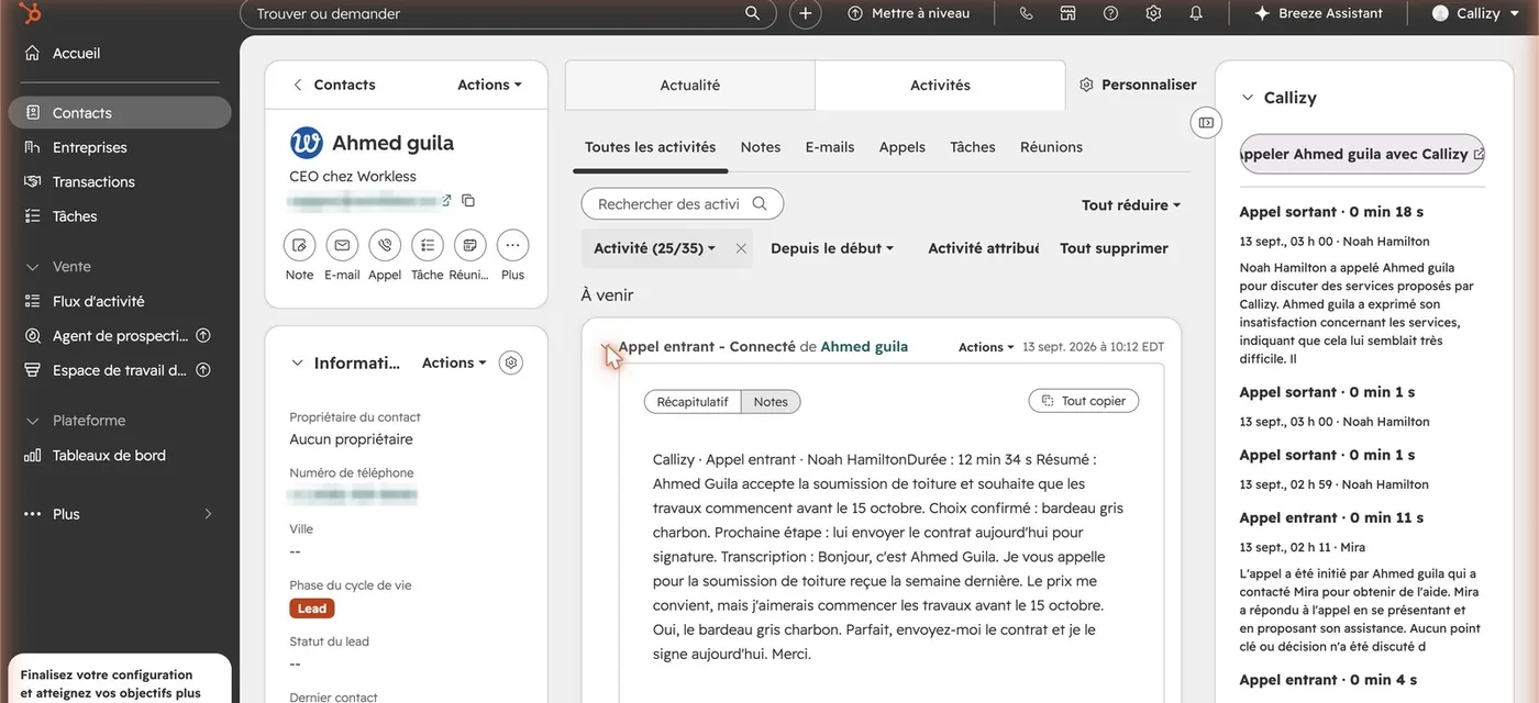 A contact record in HubSpot: an incoming call with its summary and transcript, and on the right the Callizy card, its call button and the latest calls.