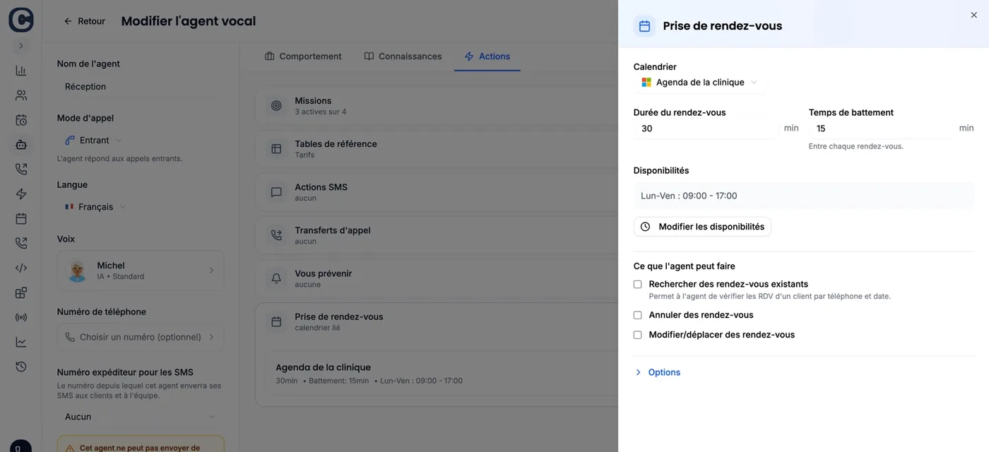 The "Edit voice agent" screen with the "Appointment booking" panel open: a Microsoft calendar selected, the duration, the buffer time, the availability and "What the agent can do".