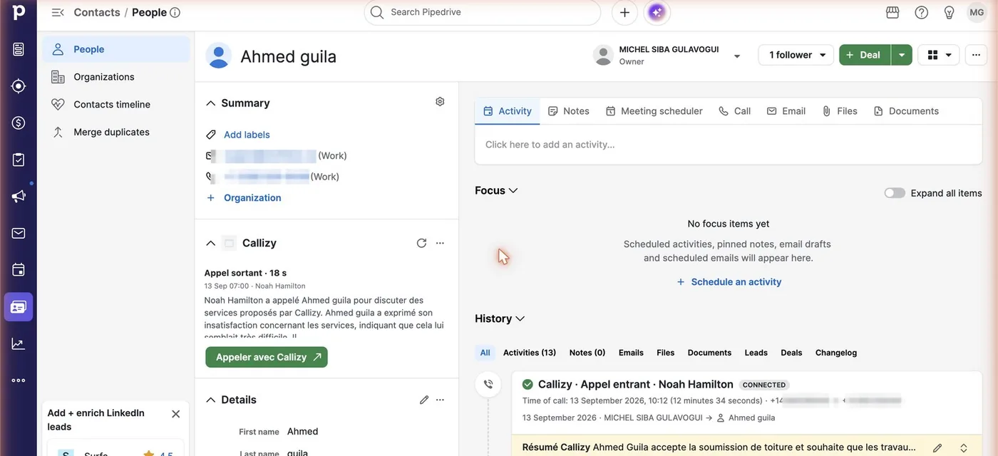 A person’s record in Pipedrive: the “Callizy” panel with a call summary and the “Call with Callizy” button, then the call history on the right.