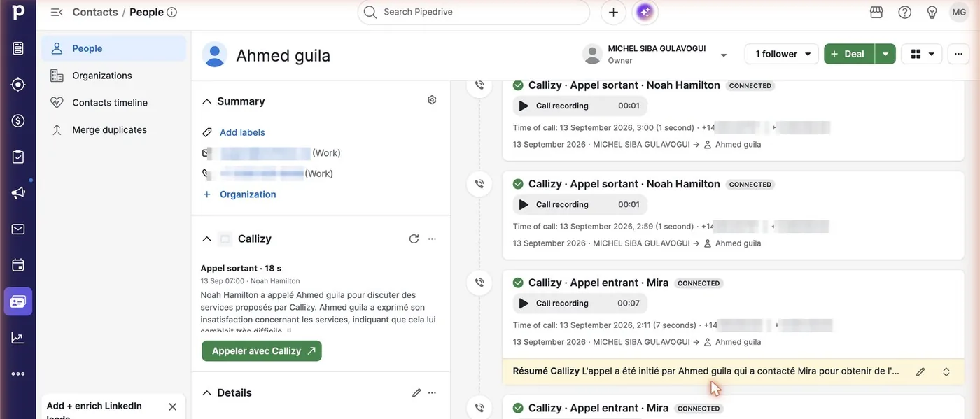A person’s record in Pipedrive: on the left, the "Callizy" panel and its "Call with Callizy" button, on the right, each call with its recording to play.