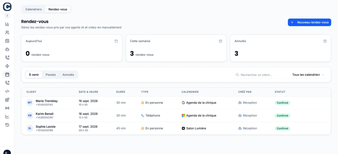 The Callizy “Appointments” tab: three counters at the top, then the “Upcoming” list showing, for each appointment, the client, date, length, calendar and “Created by”.