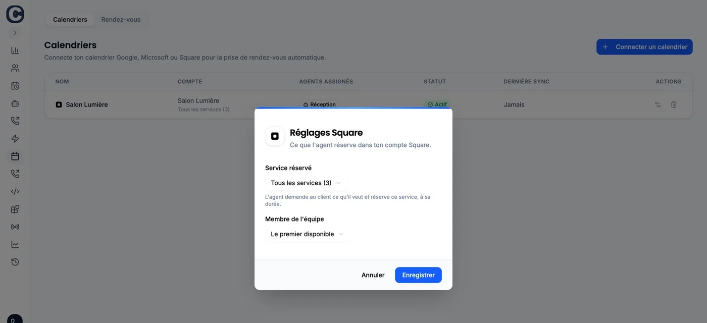 The “Calendars” tab with the “Square settings” window open: “Service booked” set to “All services (3)”, “Team member” set to “First available”, and the “Save” button.