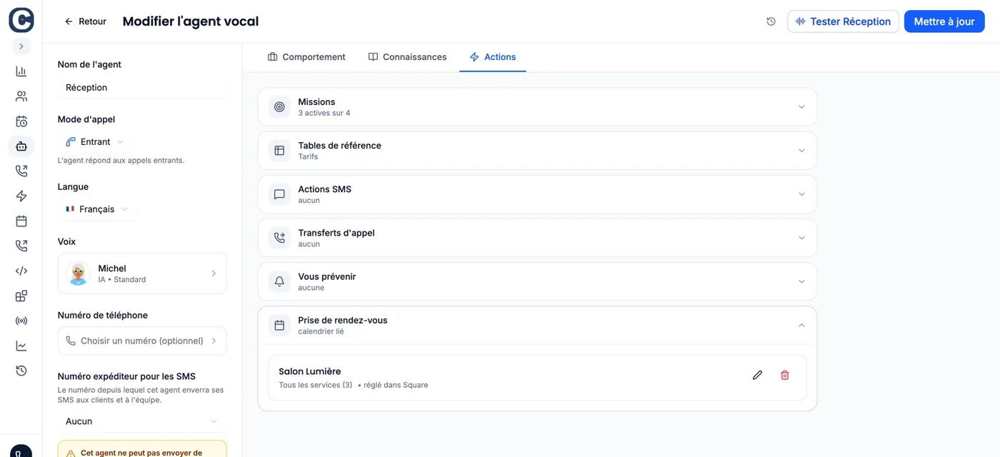 An agent’s page, “Actions” tab: the “Appointment booking” section shows a calendar with “All services (3)”, “set in Square”.