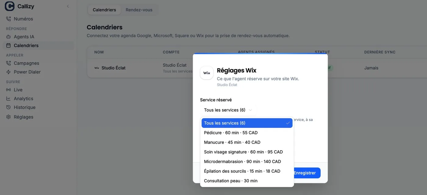 La fenêtre « Réglages Wix » dans l’onglet « Calendriers » : le menu « Service réservé » est ouvert, « Tous les services (6) » est coché au-dessus de six services avec durée et prix.