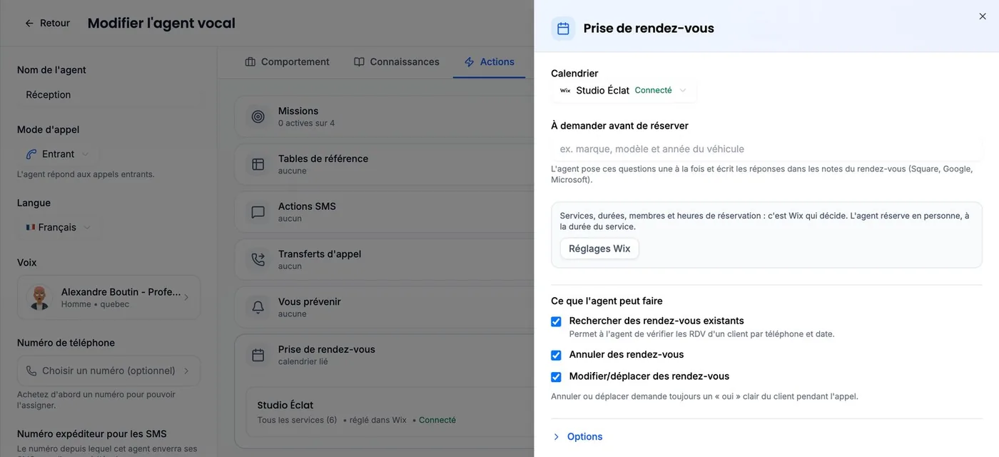 Le panneau « Prise de rendez-vous » d’un agent : un calendrier Wix « Connecté », le bouton « Réglages Wix », et sous « Ce que l’agent peut faire », trois cases cochées.