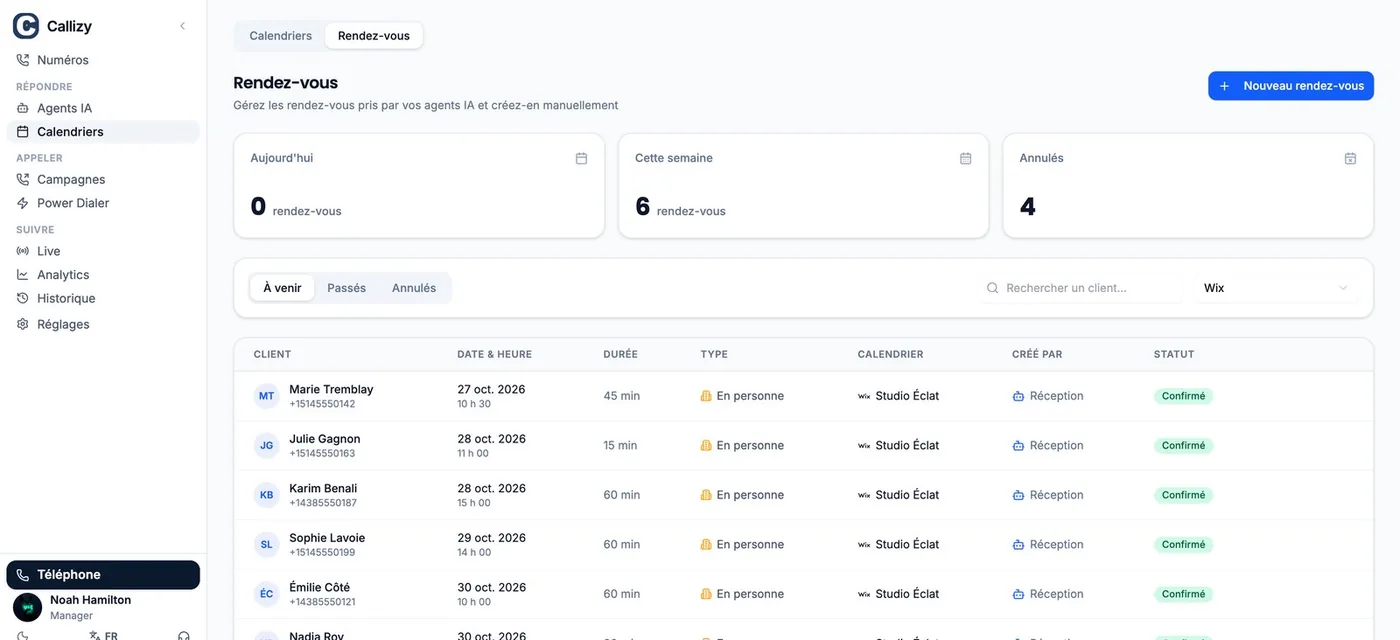 L’onglet « Rendez-vous » de Callizy filtré sur « Wix » : la liste « À venir » montre des rendez-vous du calendrier Wix, créés par l’agent « Réception » et marqués « Confirmé ».