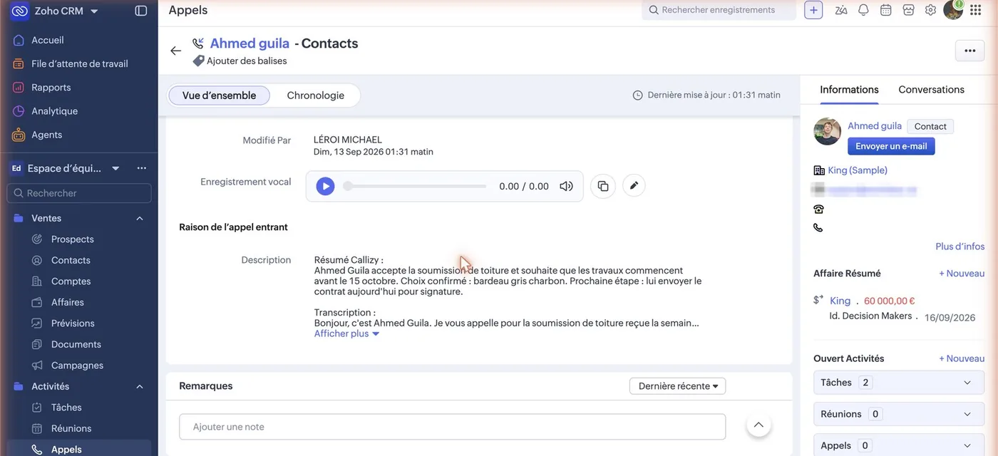 La fiche d’un appel dans Zoho CRM : le lecteur « Enregistrement vocal » et une description qui contient le résumé Callizy de l’appel puis le début de sa transcription.