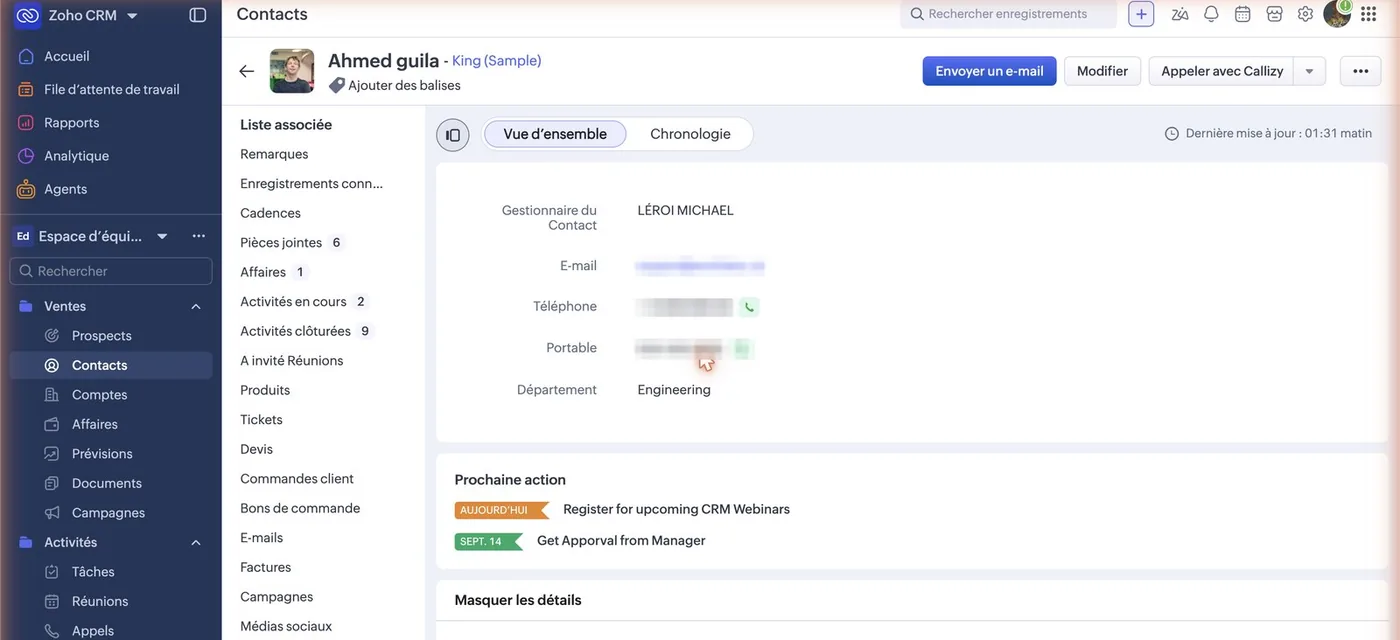 La fiche d’un contact dans Zoho CRM : en haut à droite, le bouton « Appeler avec Callizy », à côté de « Envoyer un e-mail » et « Modifier ».