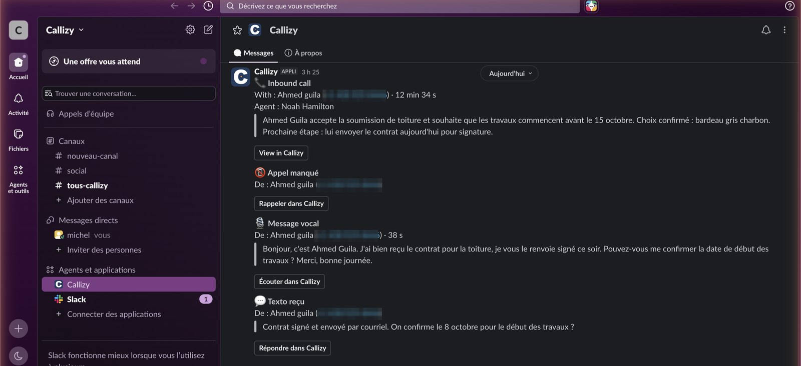 Messages Callizy dans Slack : appel manqué, message vocal transcrit, texto